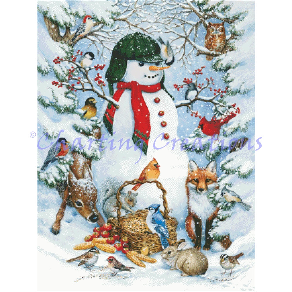 Snowman With Birds And Trees